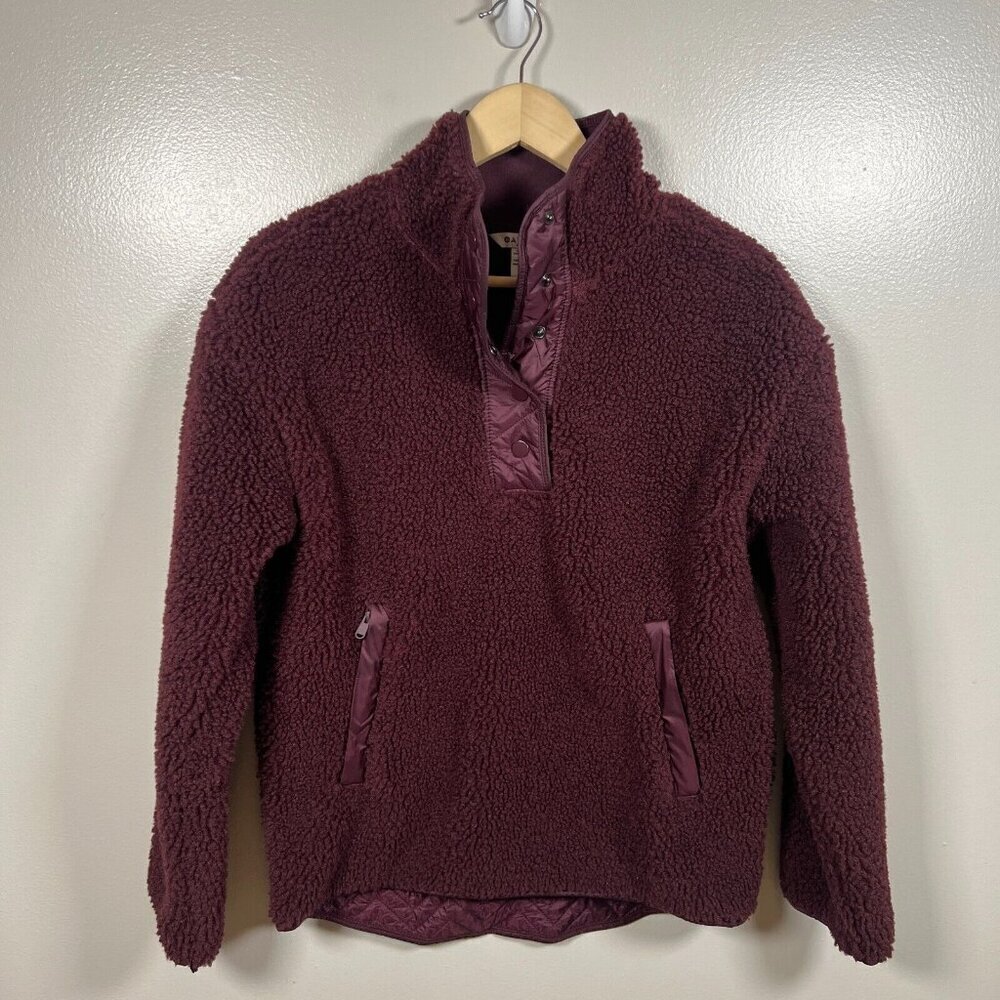 Athleta Cozy Sherpa Snap Sweatshirt Size XS Burgundy Fleece Comfy Travel Active